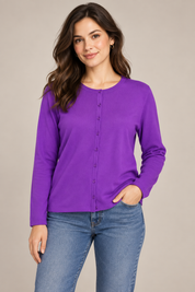   Love Knitwear purple button-front cardigan in UK size 16. A stylish long-sleeve knit layer with a classic round neck and vibrant finish.