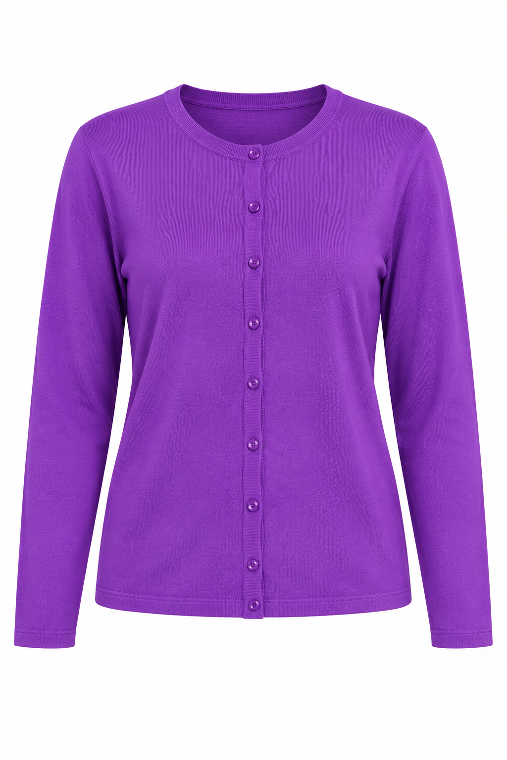   Love Knitwear purple button-front cardigan in UK size 16. A stylish long-sleeve knit layer with a classic round neck and vibrant finish.