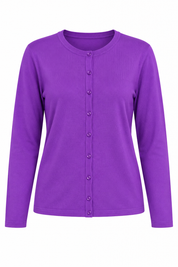   Love Knitwear purple button-front cardigan in UK size 16. A stylish long-sleeve knit layer with a classic round neck and vibrant finish.