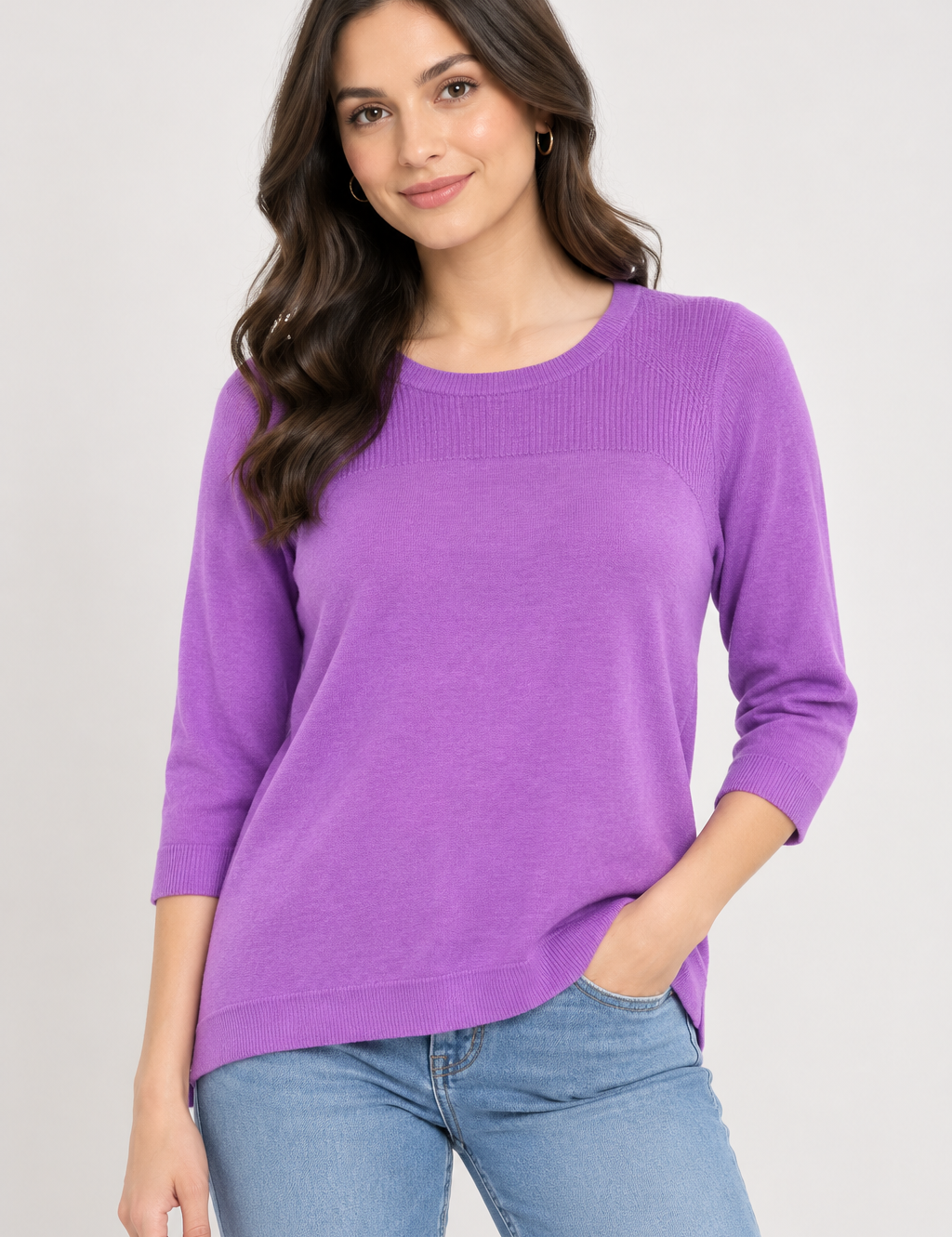  Love Knitwear purple knit jumper in women’s UK size 18. Stylish crew neck design with textured ribbed detailing, long sleeves and layered hem.