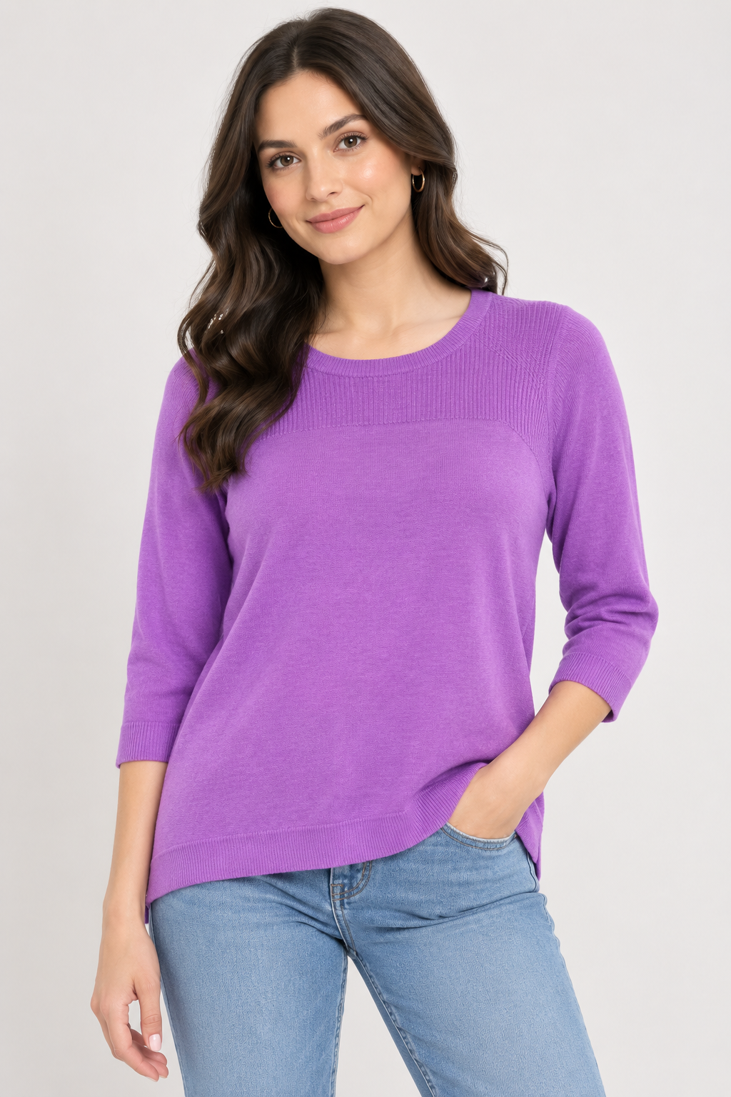  Love Knitwear purple knit jumper in women’s UK size 18. Stylish crew neck design with textured ribbed detailing, long sleeves and layered hem.