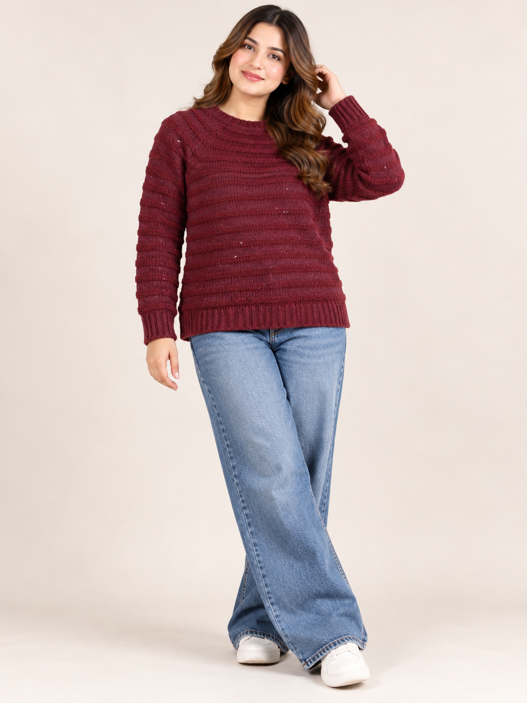 LOVE KNITWEAR women's burgundy textured knit jumper in UK Size L. Stylish crew neck sweater with long sleeves and subtle sparkle detailing.