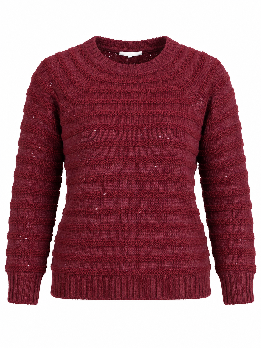 LOVE KNITWEAR women's burgundy textured knit jumper in UK Size L. Stylish crew neck sweater with long sleeves and subtle sparkle detailing.