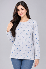 LOVE LEISURE Women Grey Bird Print Long Sleeve Top with Two Front Pockets