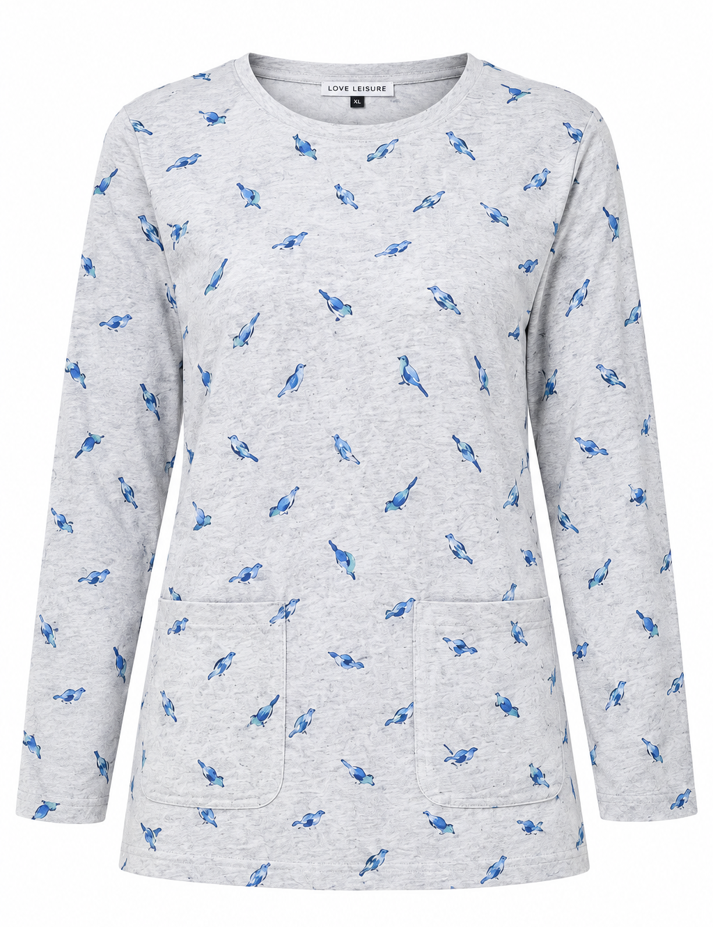 LOVE LEISURE women’s grey bird print top in UK XL. Long sleeves, relaxed fit and two practical front pockets. Perfect for casual everyday wear.