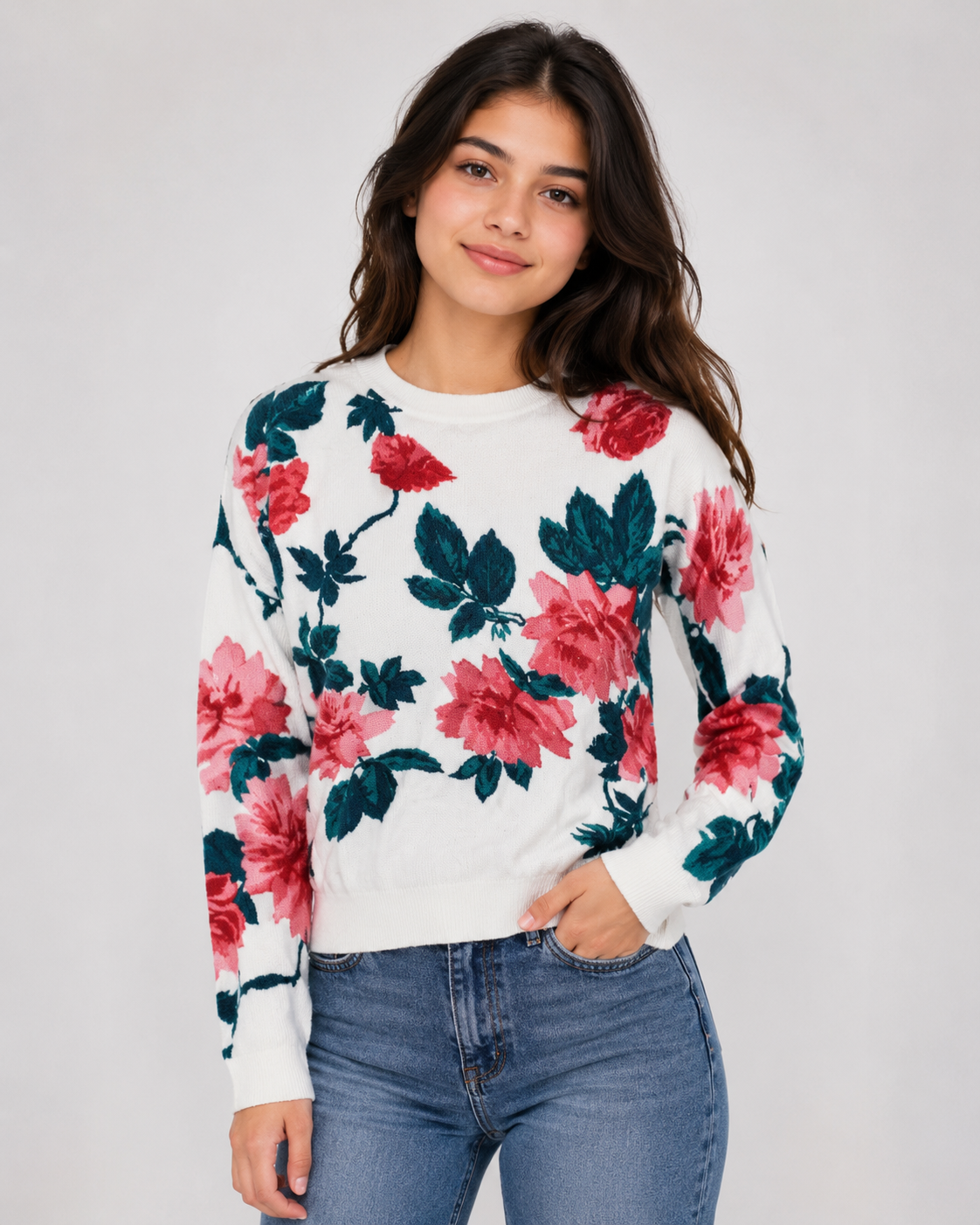  Love & Roses girls' floral knit jumper in UK XS, featuring a white base with pretty pink and green floral print. Stylish long-sleeve sweater for everyday wear.