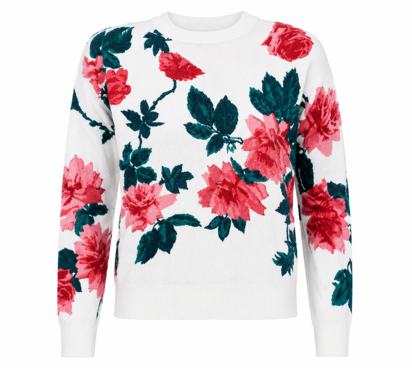  Love & Roses girls' floral knit jumper in UK XS, featuring a white base with pretty pink and green floral print. Stylish long-sleeve sweater for everyday wear.