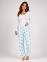  Love to Dream white and blue heart print fleece pajama trousers, UK size 16-18. Soft, cozy and perfect for comfortable nights and relaxed lounging.