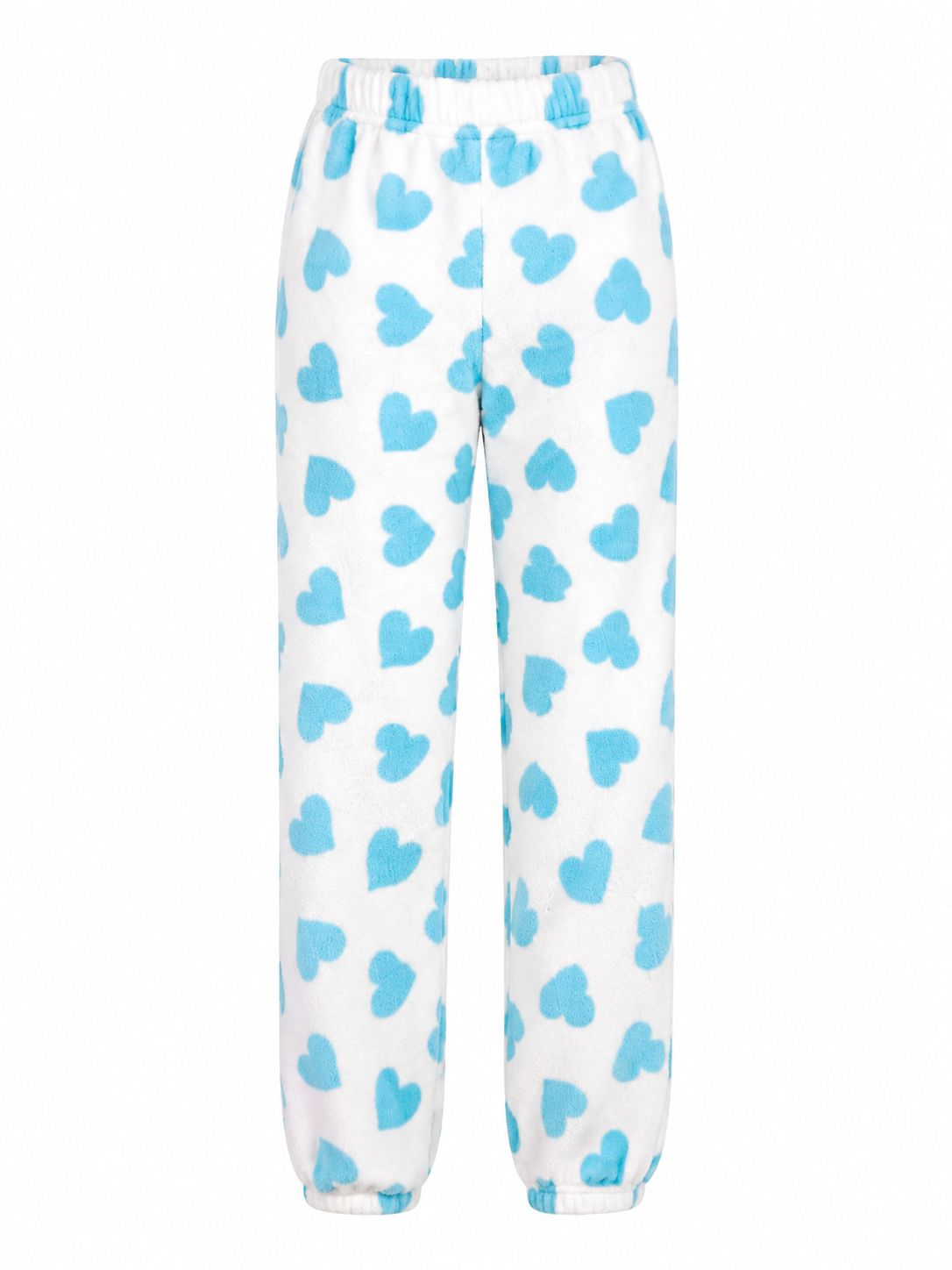  Love to Dream white and blue heart print fleece pajama trousers, UK size 16-18. Soft, cozy and perfect for comfortable nights and relaxed lounging.