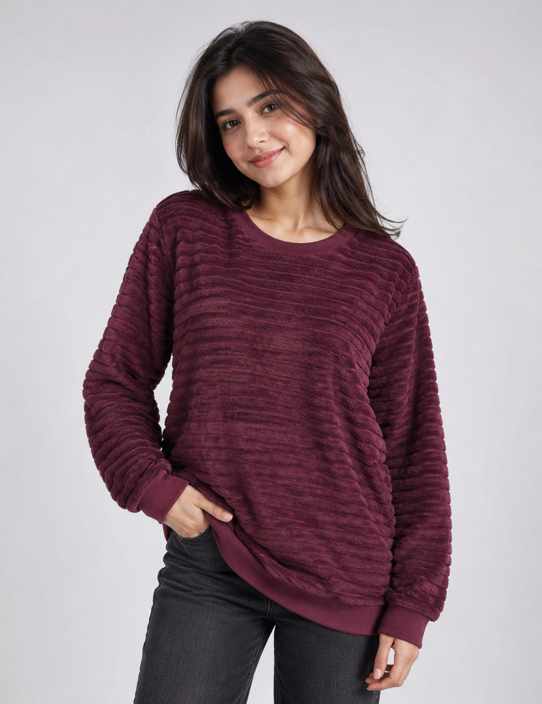  Love to Lounge burgundy textured jumper in UK size M. Soft, cosy long-sleeve design with ribbed cuffs and hem, perfect for casual everyday wear.