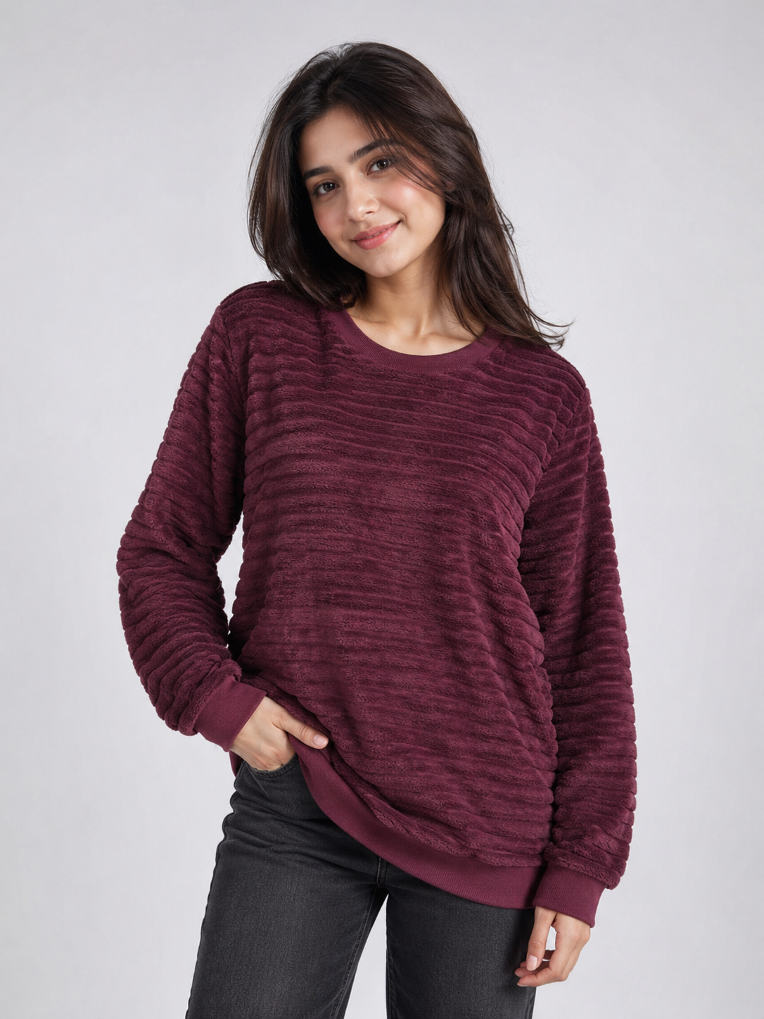  Love to Lounge burgundy textured jumper in UK size M. Soft, cosy long-sleeve design with ribbed cuffs and hem, perfect for casual everyday wear.