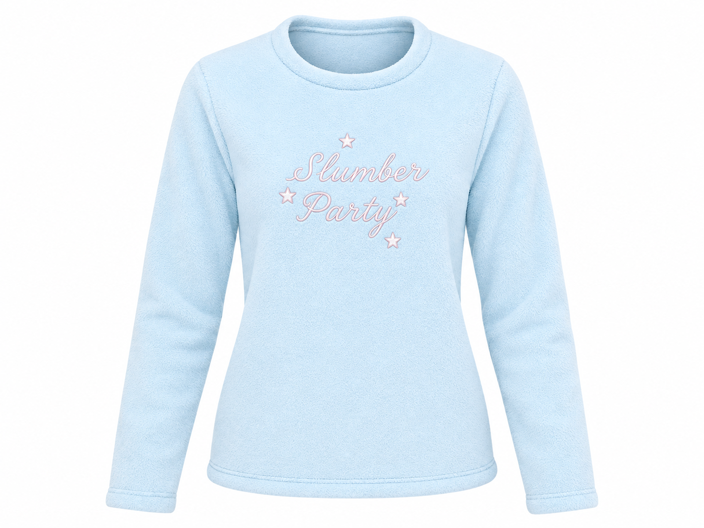 Love to Lounge girls’ baby blue fleece sweatshirt in UK Size M. Cosy long-sleeve “Slumber Party” design with star details, perfect for sleepovers and lounging.