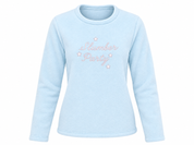 Love to Lounge girls’ baby blue fleece sweatshirt in UK Size M. Cosy long-sleeve “Slumber Party” design with star details, perfect for sleepovers and lounging.