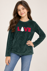 LOVE TO LOUNGE Girls Green Velour LOVE Christmas Top