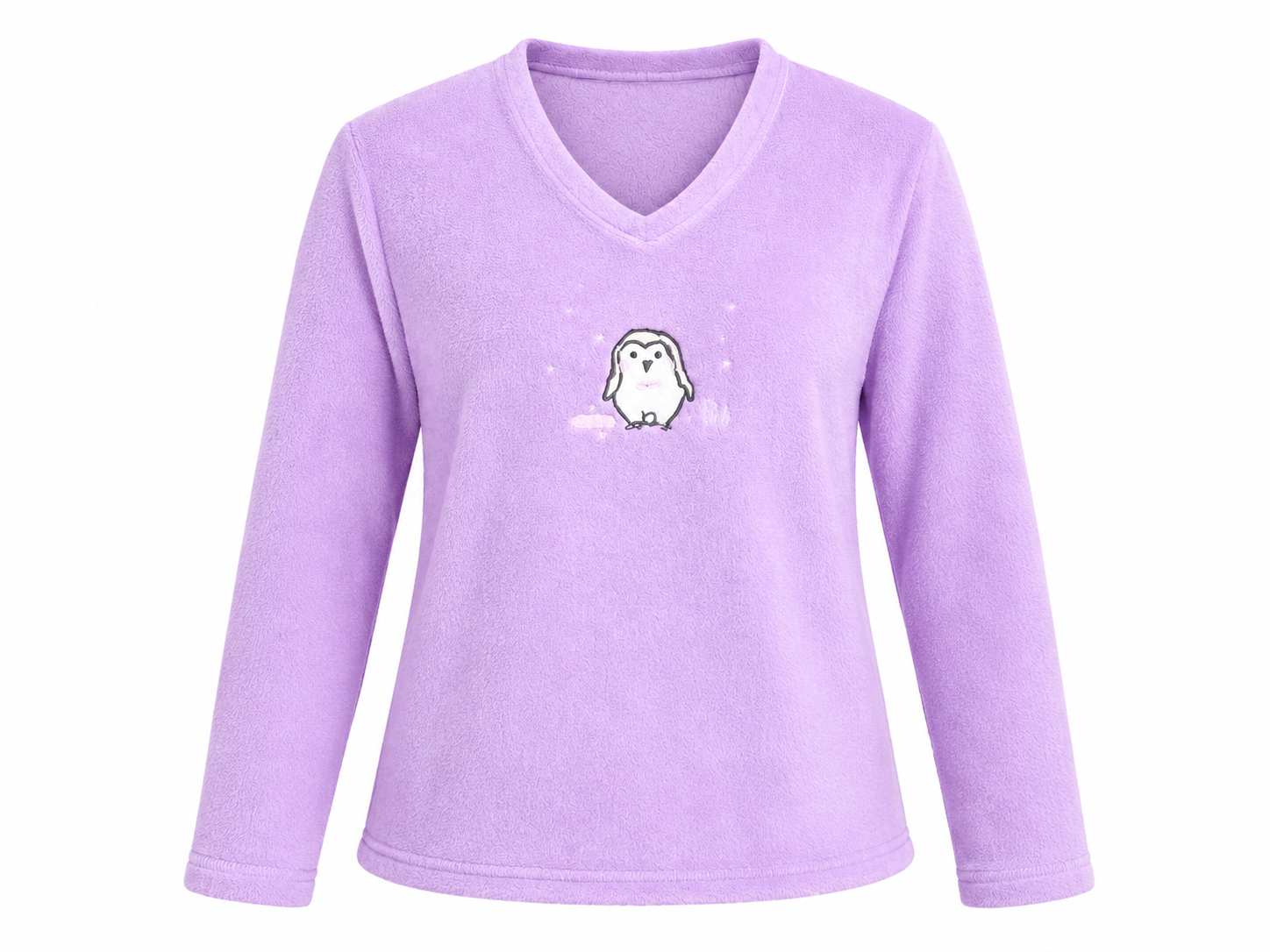  Love to Lounge girls’ lilac purple fleece V-neck top in UK XS, featuring long sleeves and a cute penguin print. Cozy, comfortable and ideal for lounging.