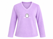  Love to Lounge girls’ lilac purple fleece V-neck top in UK XS, featuring long sleeves and a cute penguin print. Cozy, comfortable and ideal for lounging.