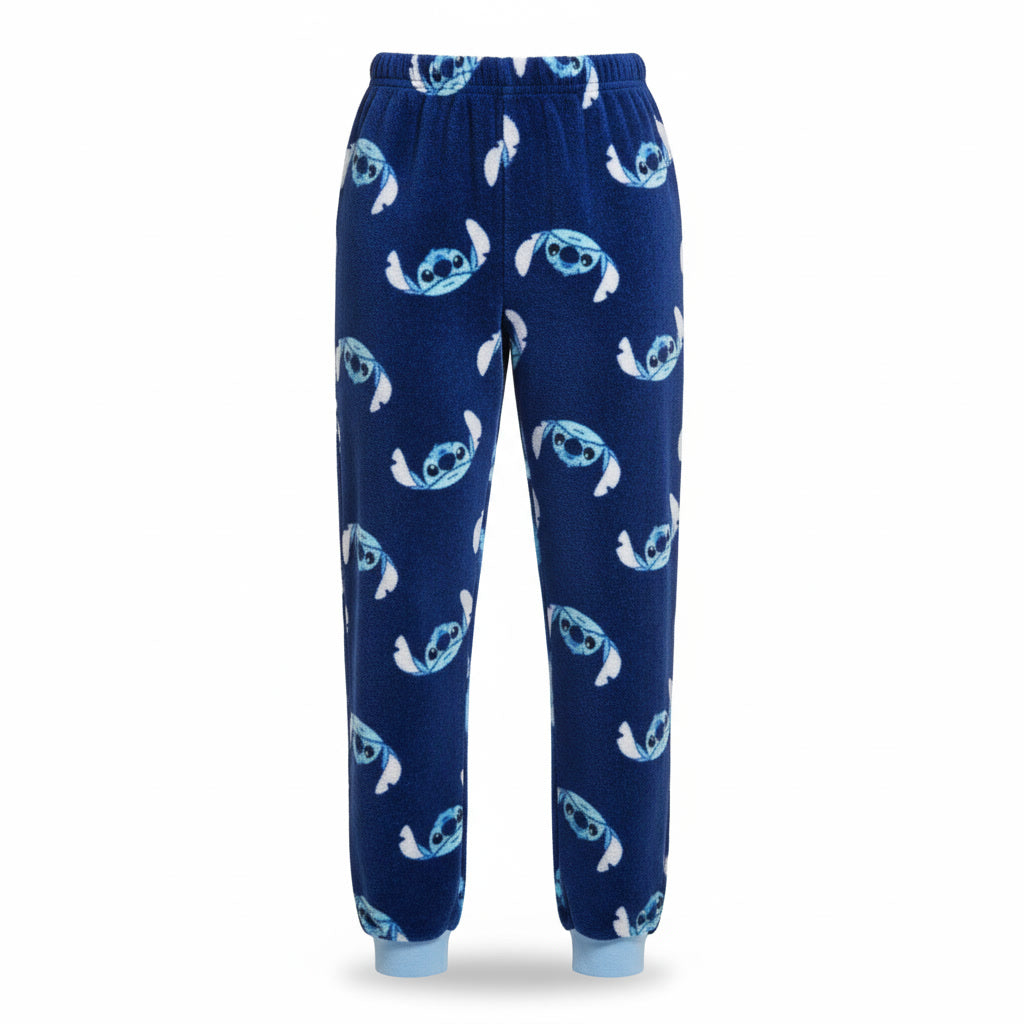 LOVE TO LOUNGE women’s blue printed fleece lounge trousers in UK Size S with a 24-inch waist. Soft, warm and comfortable for sleep and lounging.