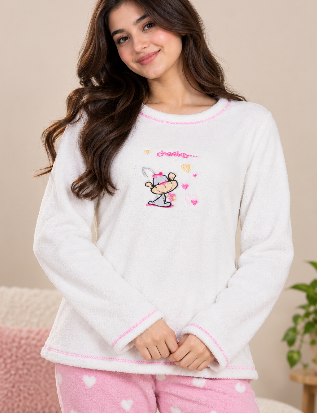  Love to Lounge women’s white fleece lounge top in UK Size M. Soft fluffy fabric with pink stitching and cute embroidered details, ideal for cozy winter wear.