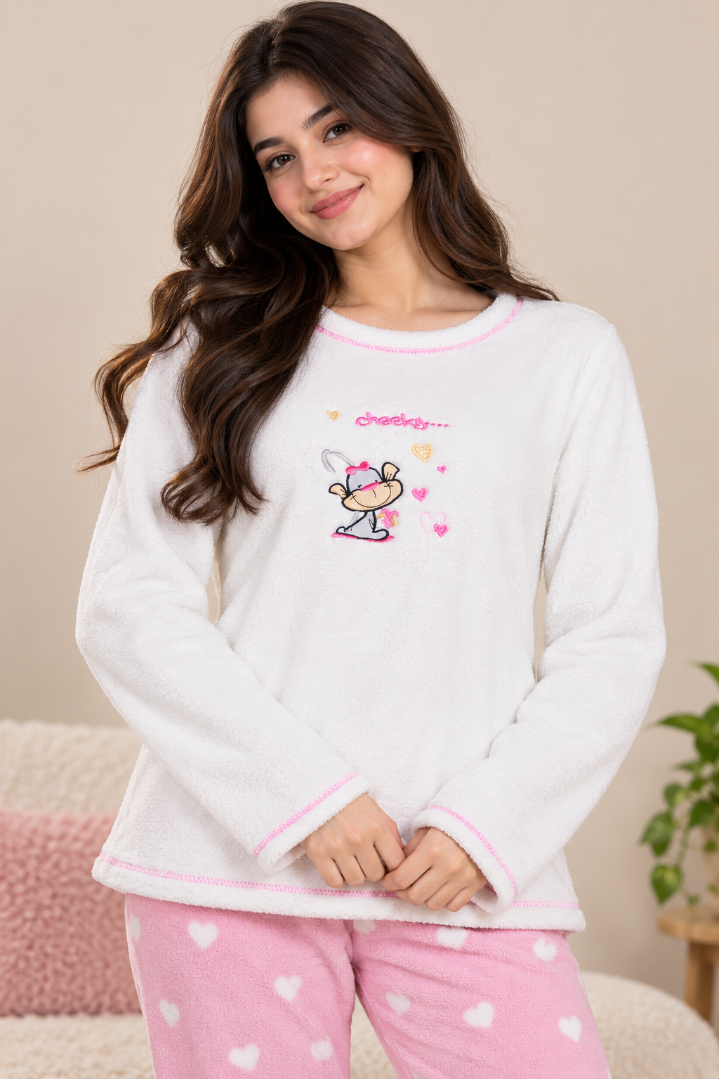  Love to Lounge women’s white fleece lounge top in UK Size M. Soft fluffy fabric with pink stitching and cute embroidered details, ideal for cozy winter wear.