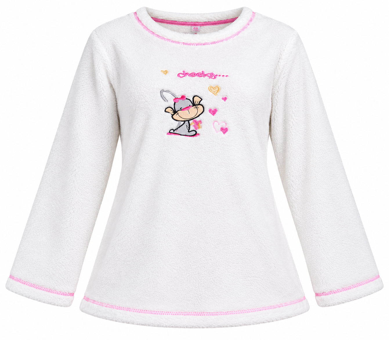  Love to Lounge women’s white fleece lounge top in UK Size M. Soft fluffy fabric with pink stitching and cute embroidered details, ideal for cozy winter wear.