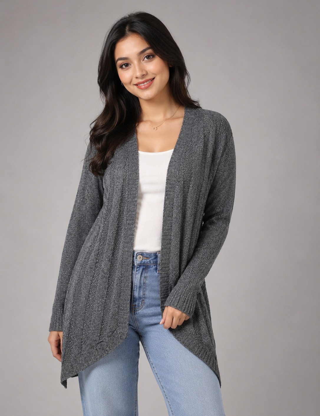 Lovell women's grey knit open-front cardigan in UK Size L. Stylish textured design with long sleeves, perfect for casual outfits, workwear and layering.