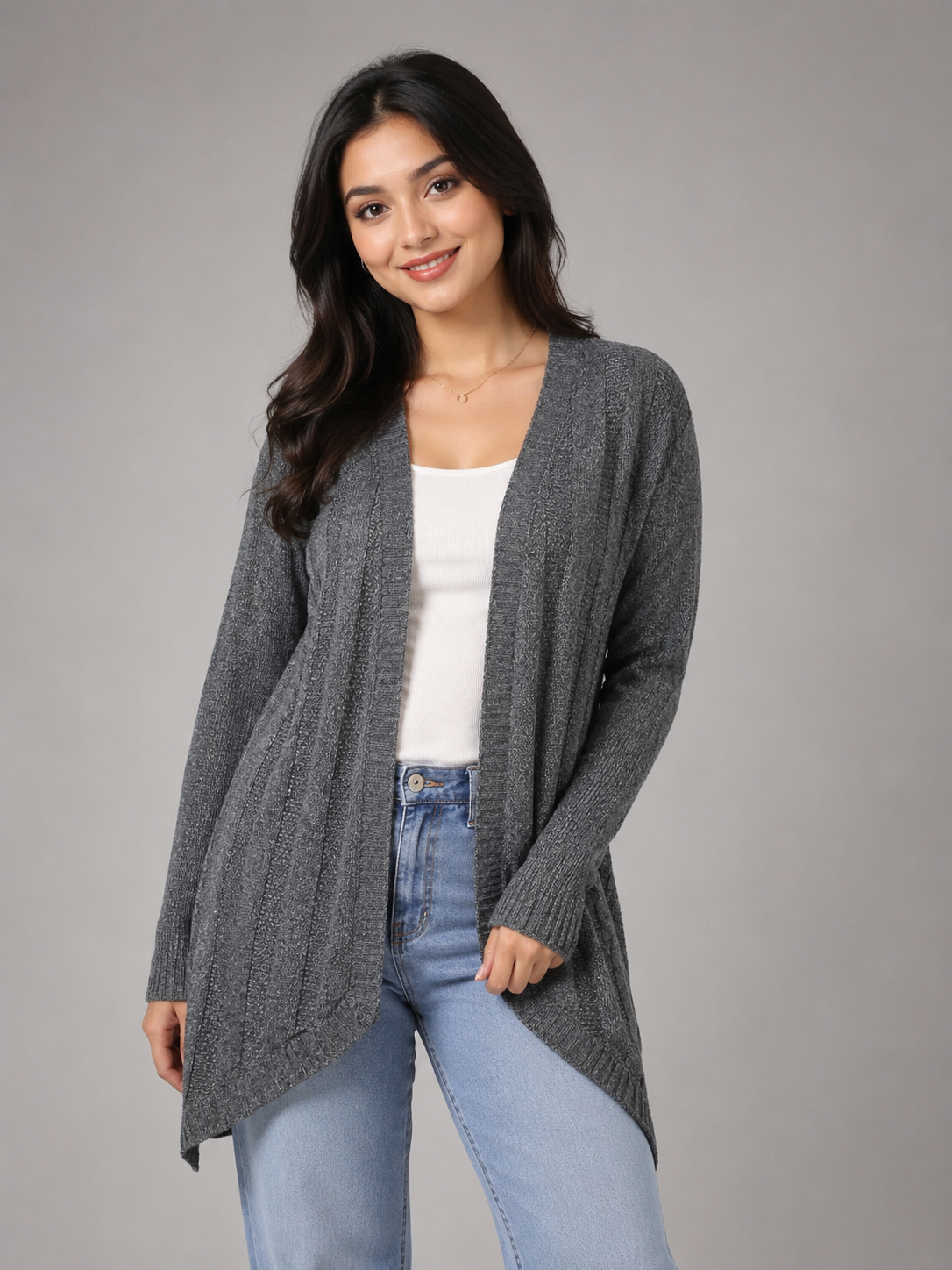 Lovell women's grey knit open-front cardigan in UK Size L. Stylish textured design with long sleeves, perfect for casual outfits, workwear and layering.