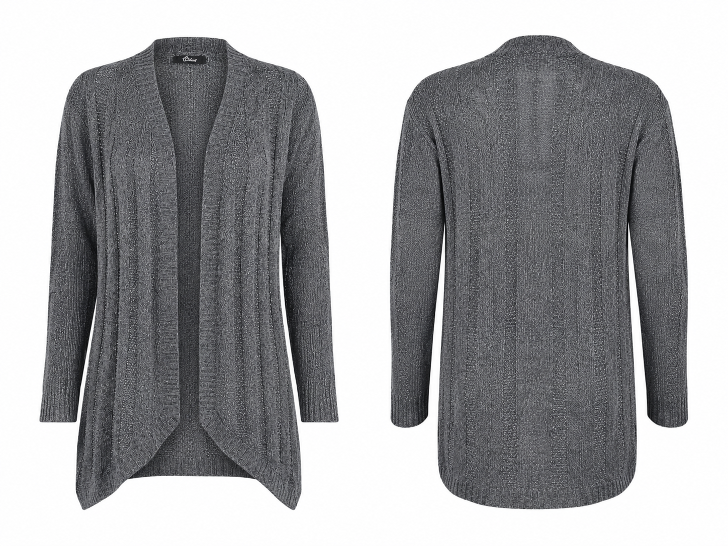 Lovell women's grey knit open-front cardigan in UK Size L. Stylish textured design with long sleeves, perfect for casual outfits, workwear and layering.