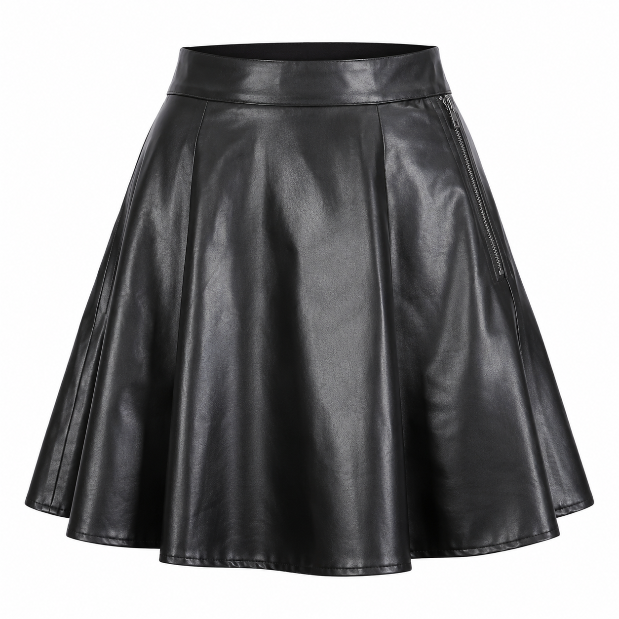  Lovely Wholesale black faux leather flared mini skirt in UK size L. Stylish A-line design with side zip, perfect for parties and everyday fashion.