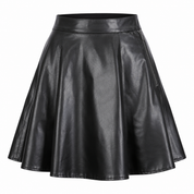  Lovely Wholesale black faux leather flared mini skirt in UK size L. Stylish A-line design with side zip, perfect for parties and everyday fashion.