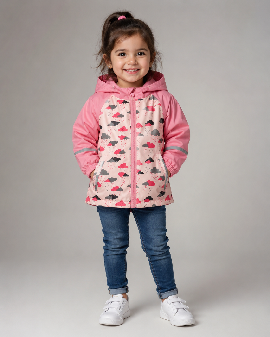 Lupilu girls’ pink cloud print hooded rain jacket with practical pockets, reflective details and comfortable lightweight design. Ideal kids’ rainy-day outerwear.