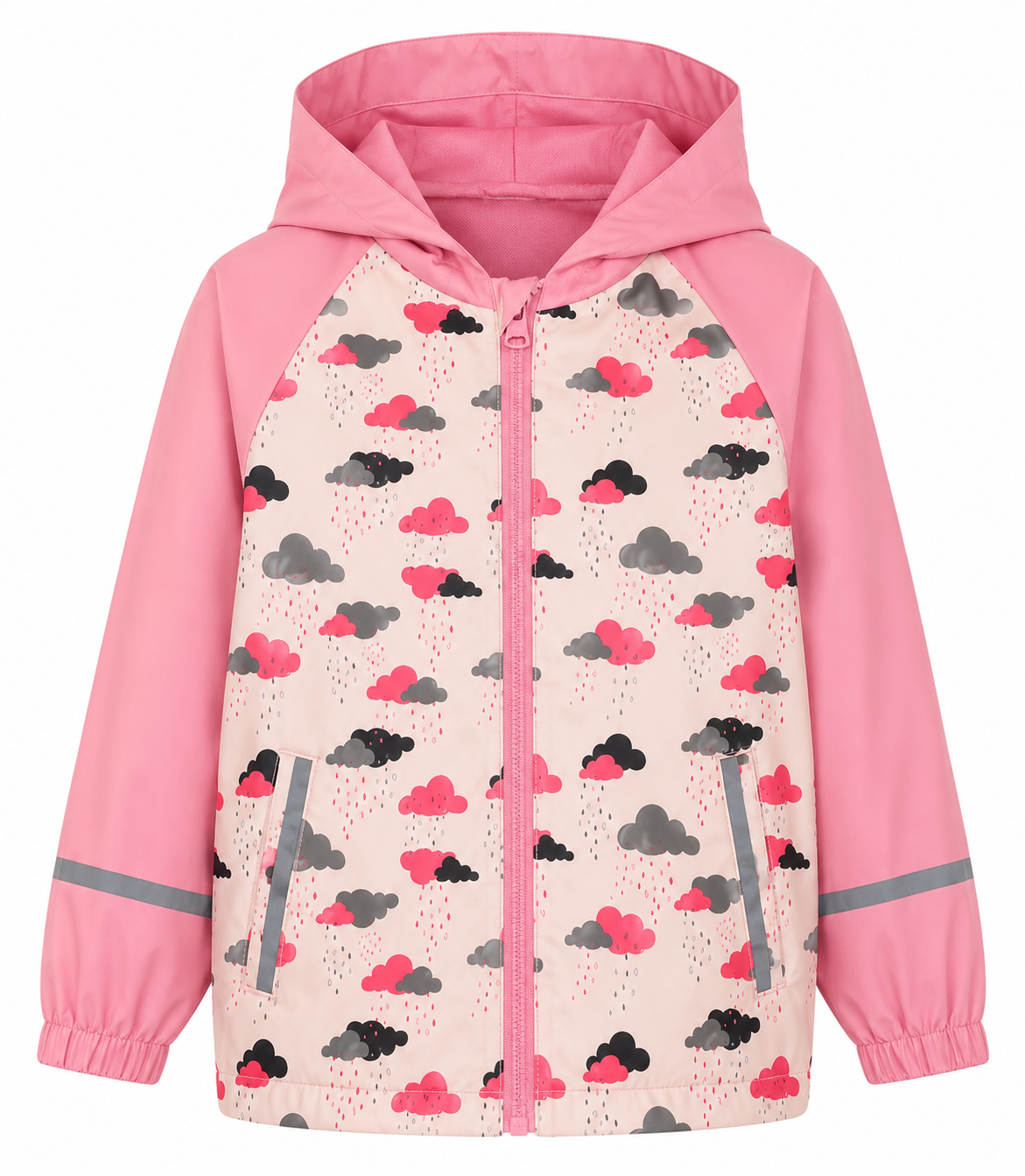  Lupilu girls’ pink cloud print hooded rain jacket with practical pockets, reflective details and comfortable lightweight design. Ideal kids’ rainy-day outerwear.