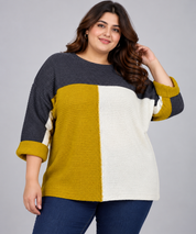 LV CLOTHING Women's Colour Block Knit Jumper in UK Size 4XL. Stylish mustard, cream and charcoal grey plus-size knitwear for cozy everyday fashion.