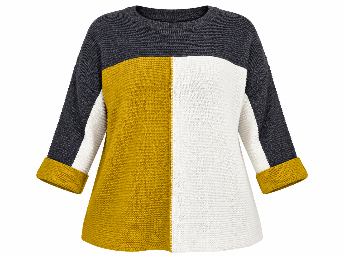 LV CLOTHING Women's Colour Block Knit Jumper in UK Size 4XL. Stylish mustard, cream and charcoal grey plus-size knitwear for cozy everyday fashion.