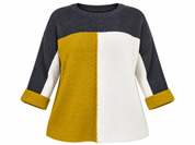 LV CLOTHING Women's Colour Block Knit Jumper in UK Size 4XL. Stylish mustard, cream and charcoal grey plus-size knitwear for cozy everyday fashion.