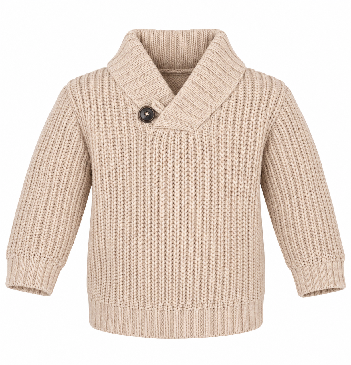  M&Co Baby Beige Chunky Knit Shawl Collar Jumper in UK Size 12–18 Months. A cosy, stylish long-sleeve knit perfect for cooler days.