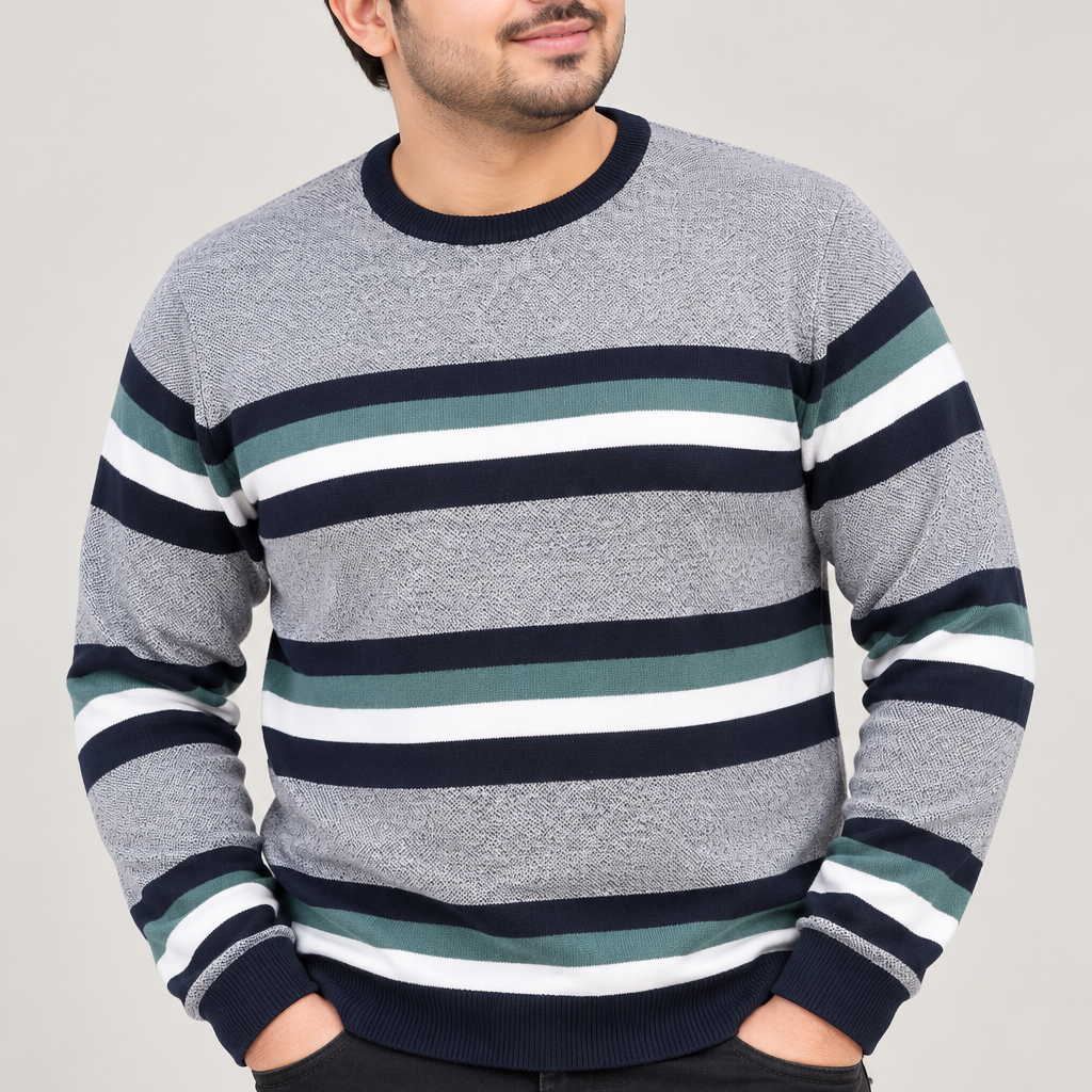  M&Co men’s striped crew neck jumper in UK Size XL. Grey, navy, green and white design with long sleeves and ribbed trims. Stylish UK customer return.