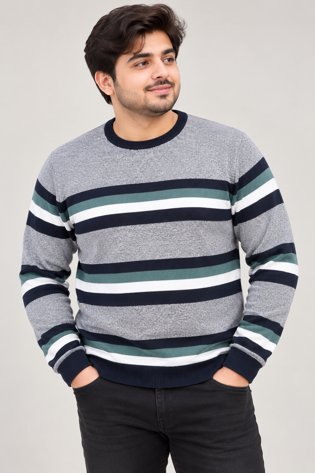  M&Co men’s striped crew neck jumper in UK Size XL. Grey, navy, green and white design with long sleeves and ribbed trims. Stylish UK customer return.