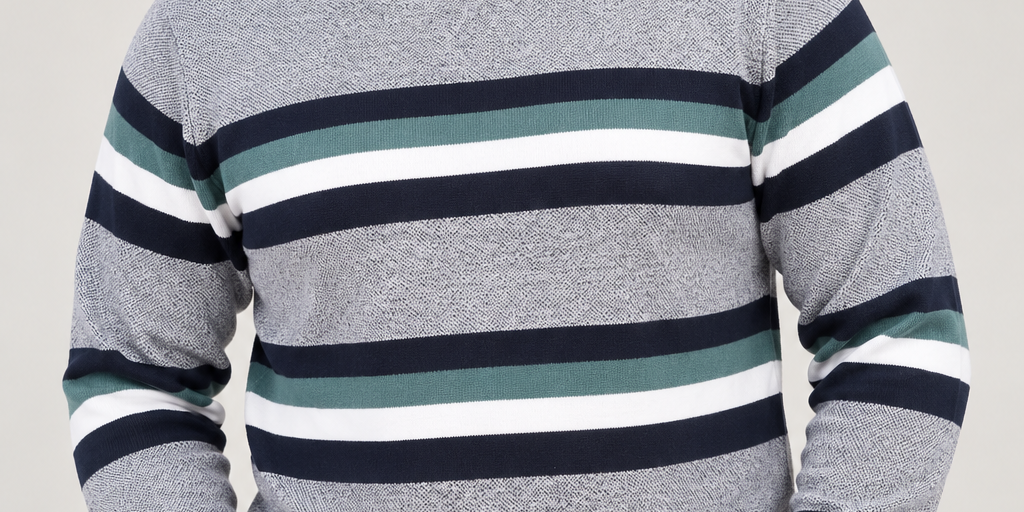  M&Co men’s striped crew neck jumper in UK Size XL. Grey, navy, green and white design with long sleeves and ribbed trims. Stylish UK customer return.