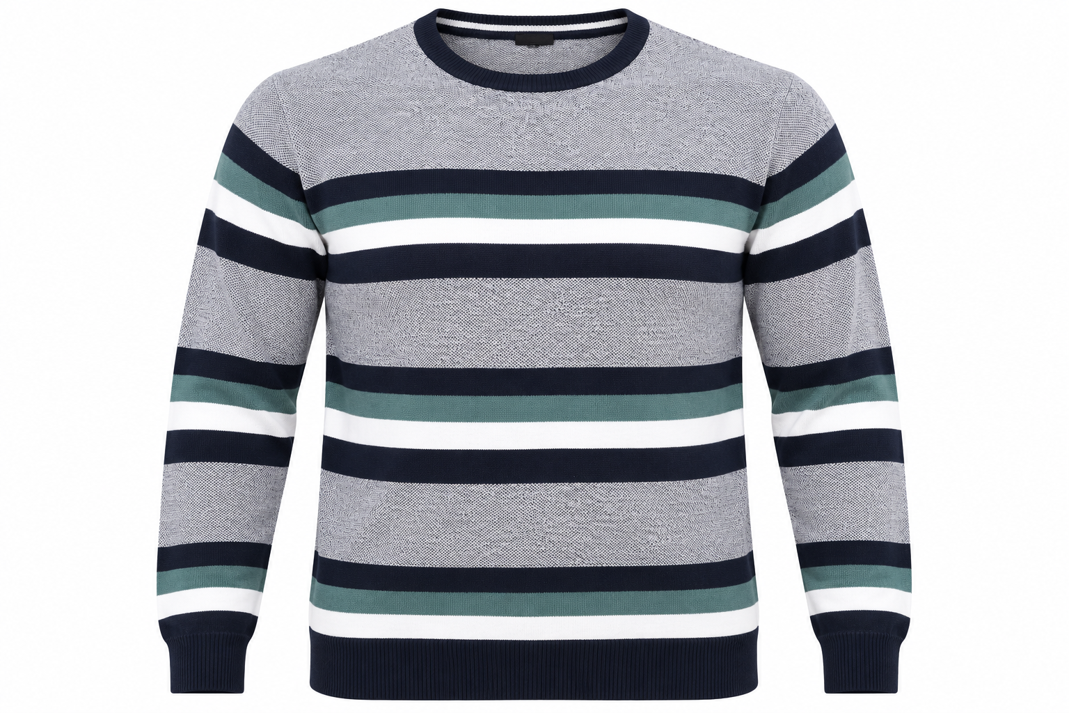  M&Co men’s striped crew neck jumper in UK Size XL. Grey, navy, green and white design with long sleeves and ribbed trims. Stylish UK customer return.