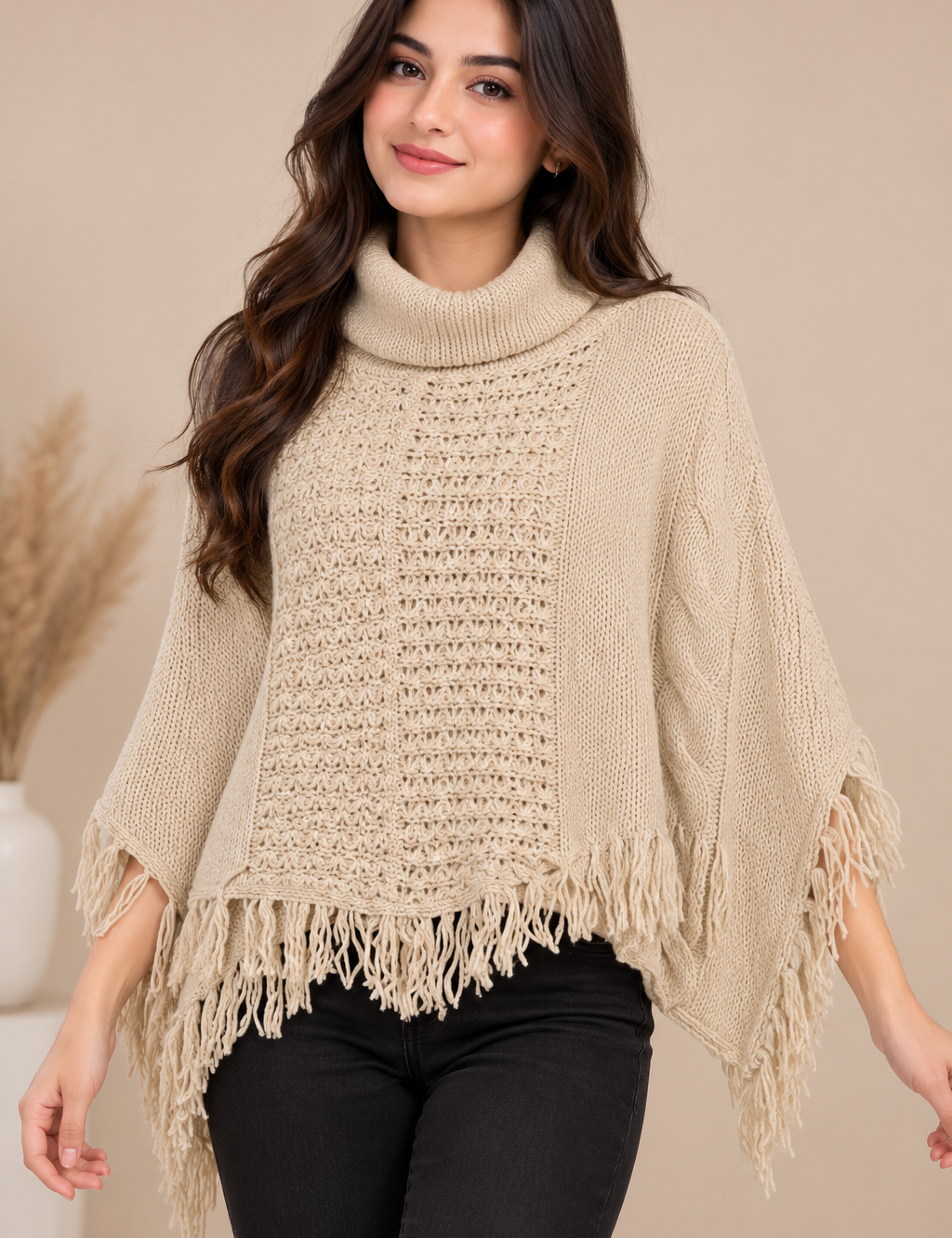 M&Co women’s beige knitted fringe poncho in UK Size L. Cozy roll neck, textured knit and stylish fringed hem. Original UK customer return.