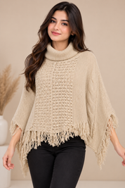 M&Co women’s beige knitted fringe poncho in UK Size L. Cozy roll neck, textured knit and stylish fringed hem. Original UK customer return.
