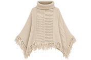 M&Co women’s beige knitted fringe poncho in UK Size L. Cozy roll neck, textured knit and stylish fringed hem. Original UK customer return.