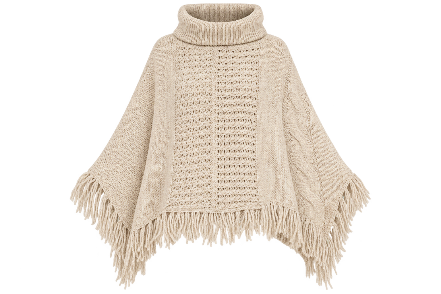M&Co women’s beige knitted fringe poncho in UK Size L. Cozy roll neck, textured knit and stylish fringed hem. Original UK customer return.