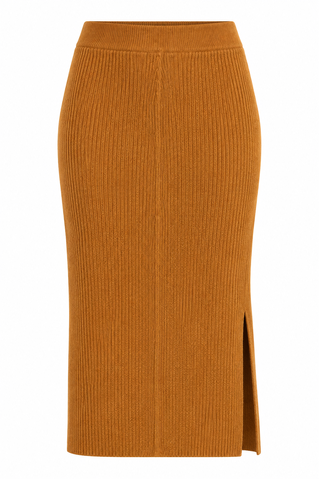  M&Co women’s caramel brown ribbed knit midi skirt in UK Size 14. Stylish high-waisted design with side slit, ideal for autumn and winter wear.