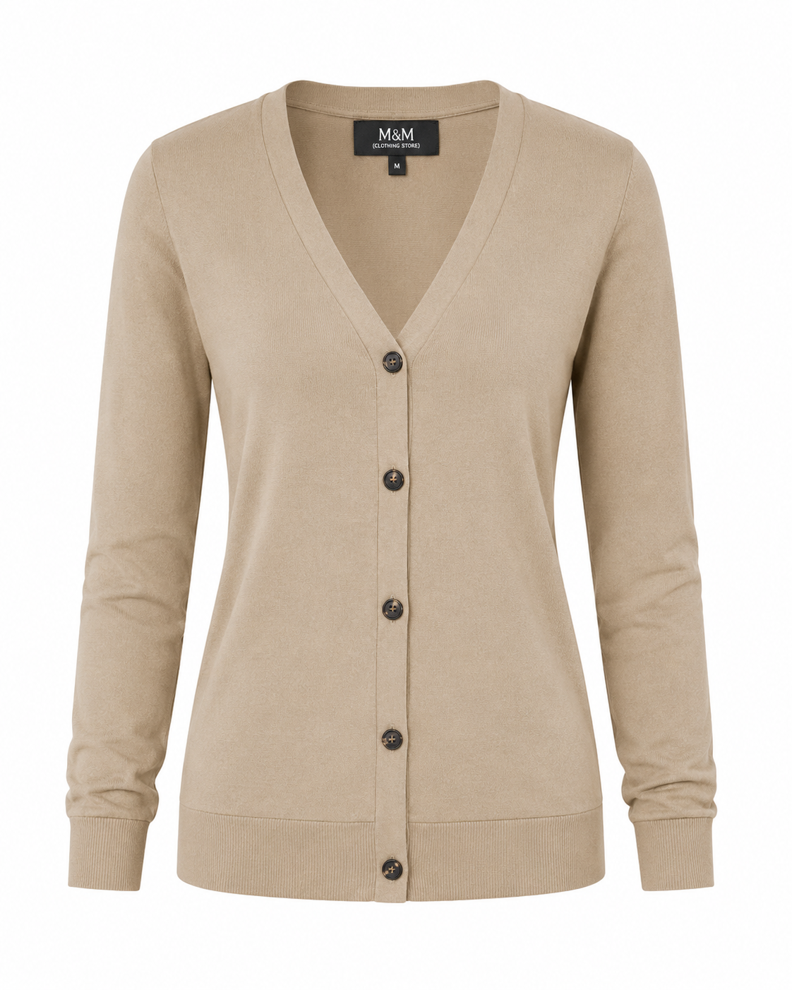  M&M Women's Beige V-Neck Button-Up Cardigan. Soft knit, lightweight, stylish, and perfect for office wear, business meetings, and everyday layering.