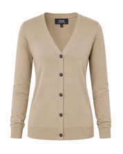  M&M Women's Beige V-Neck Button-Up Cardigan. Soft knit, lightweight, stylish, and perfect for office wear, business meetings, and everyday layering.