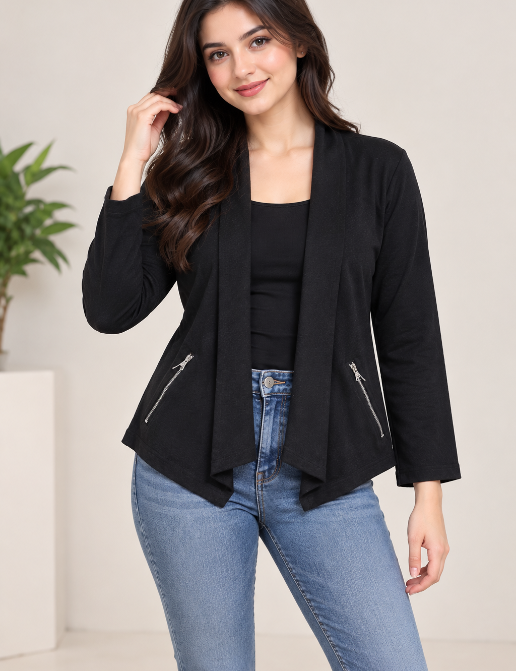 M&S Black Draped Cardigan Jacket for women in UK Size M. Stylish open-front design, long sleeves, zip pockets and versatile black colour.