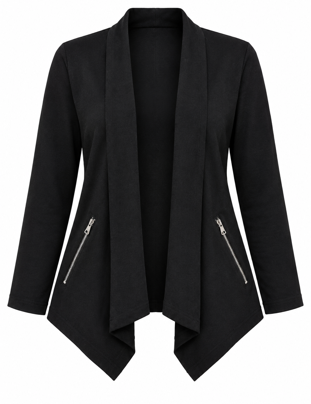 M&S Black Draped Cardigan Jacket for women in UK Size M. Stylish open-front design, long sleeves, zip pockets and versatile black colour.