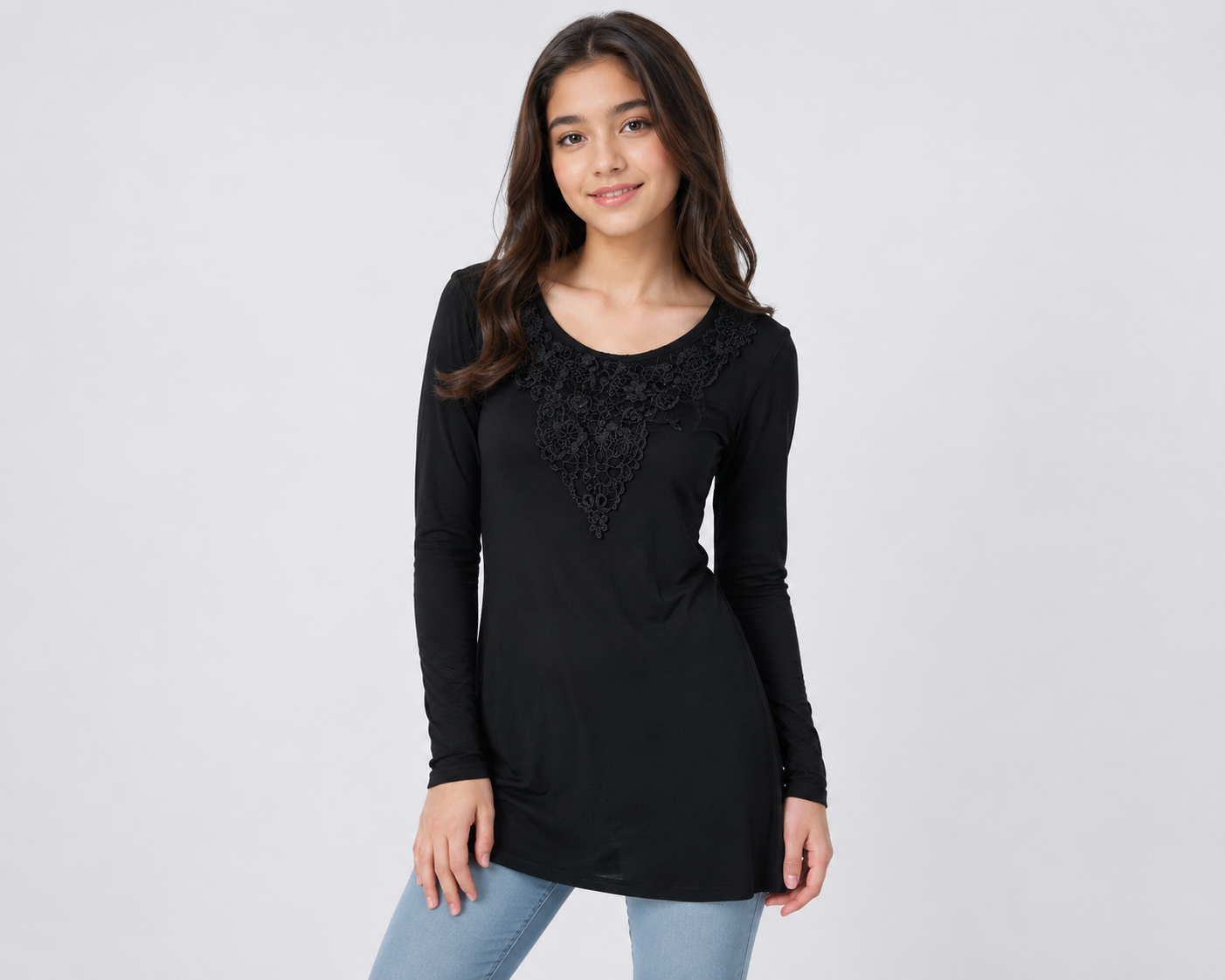  M&S Girls’ Black Long Sleeve Tunic Top, UK Size 14-15 Years, featuring elegant floral lace neckline detail and a versatile flared fit.