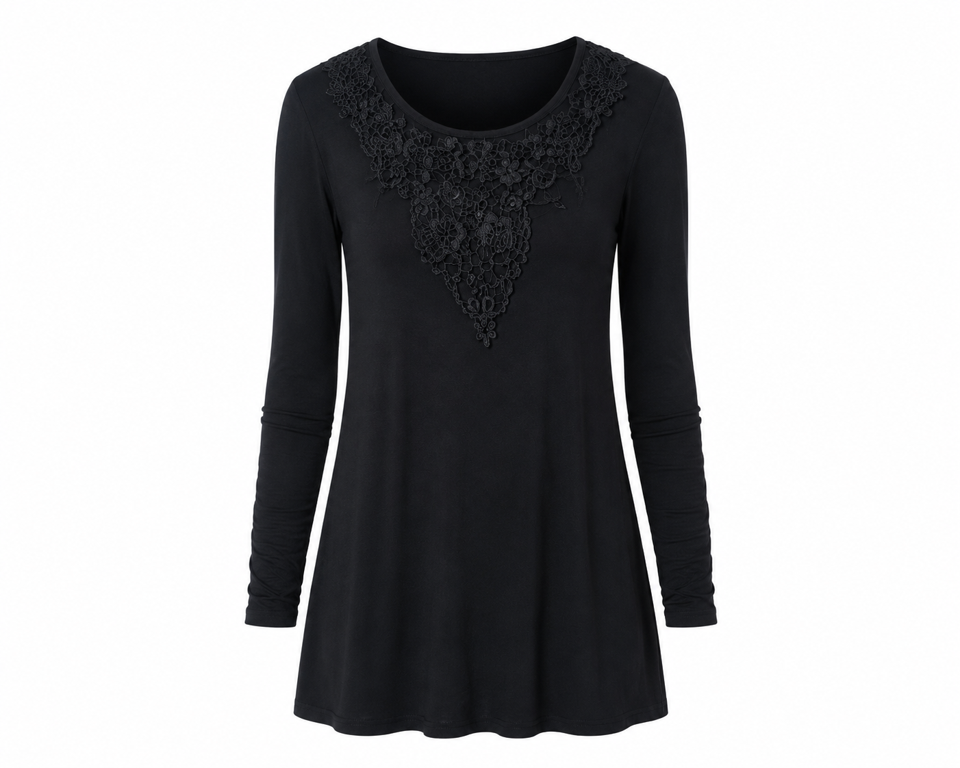  M&S Girls’ Black Long Sleeve Tunic Top, UK Size 14-15 Years, featuring elegant floral lace neckline detail and a versatile flared fit.